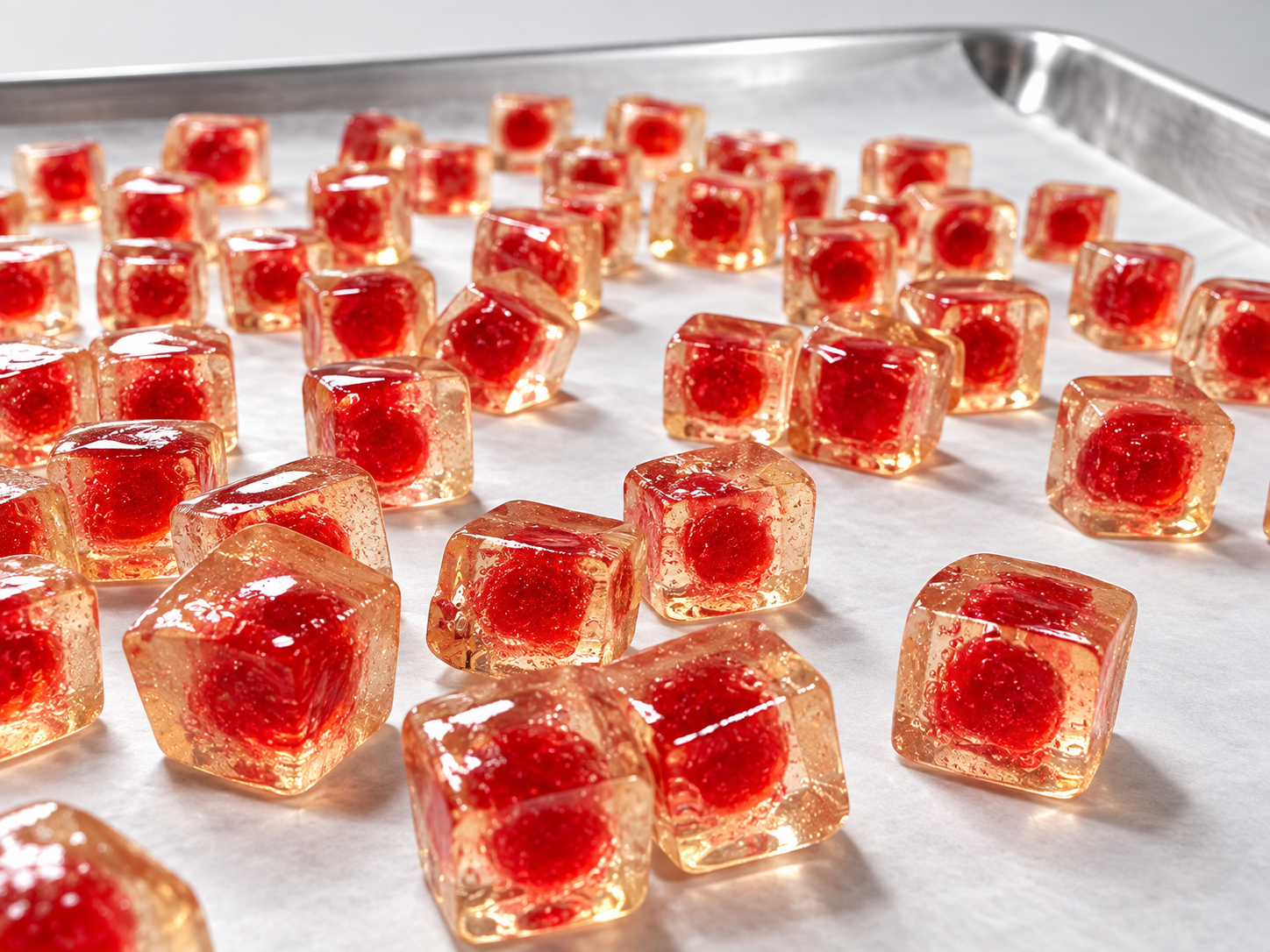 Close-up of red center-filled gummies for commercial center-filled gummy manufacturing