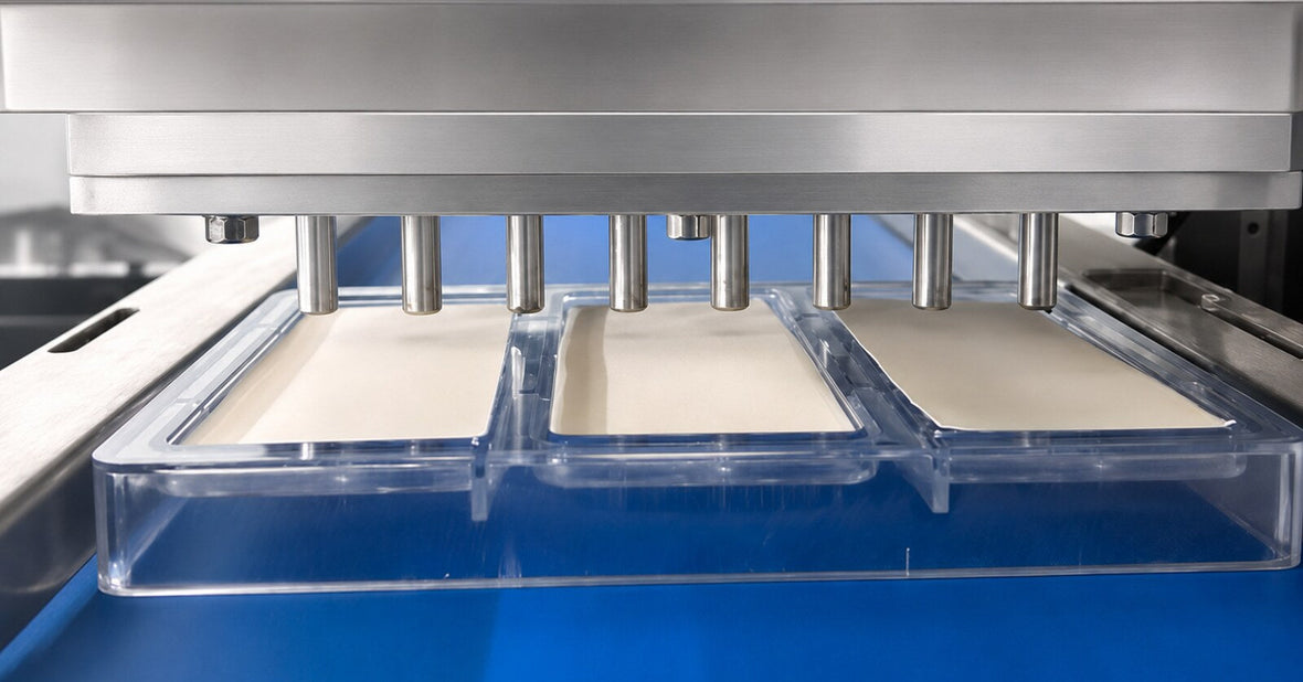 Custom polycarbonate chocolate molds moving through a commercial chocolate depositing line