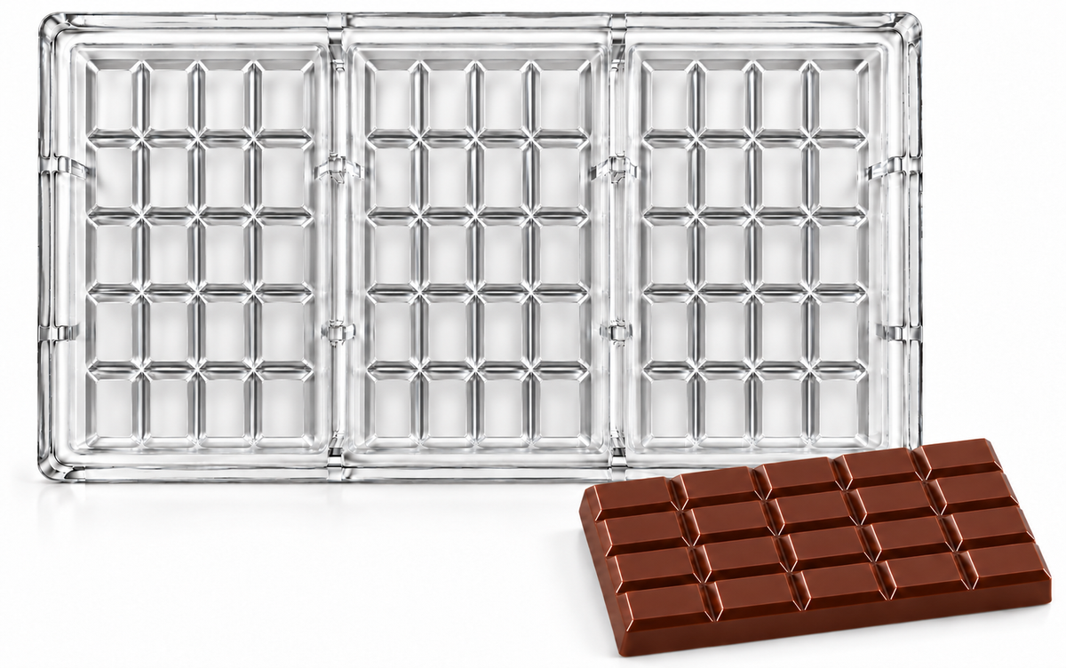 135g 20-piece polycarbonate chocolate bar mold with three upright cavities, each in five rows of four, and a matching twenty-piece chocolate bar.