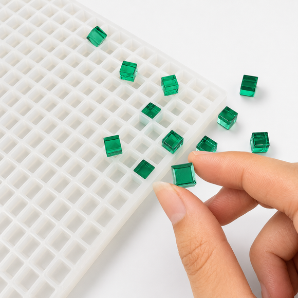 Emerald green 1mL cube gummy held beside a 736-cavity silicone mold