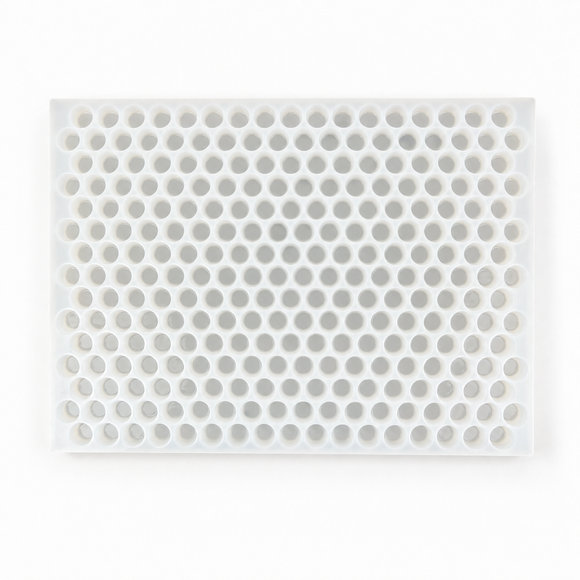 Full horizontal top view of an empty 3mL gumdrop gummy mold with 262 cavities on a white background