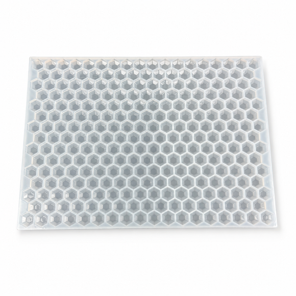 Full top view of a 3mL hexagon gem gummy mold with 263 cavities on a white background